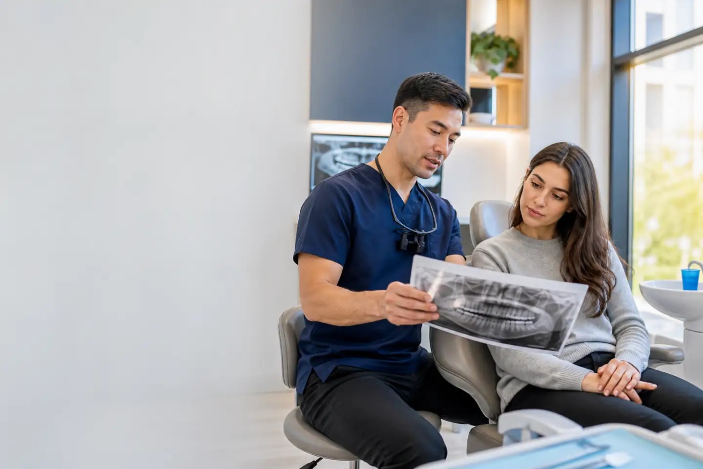 Young adult reviewing a wisdom teeth X-ray with a dentist in Port Dover