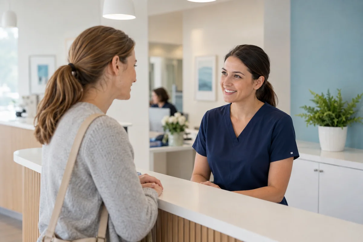 A dental team member warmly welcoming a patient at a bright clinic reception desk